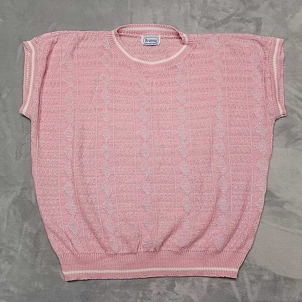 VTG Brunny Sweater Womens OS Pink Pointelle Knit Sleeveless Pullover Made In USA